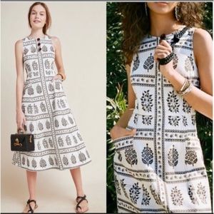 Anthropologie White Dress with Black Block Print Midi